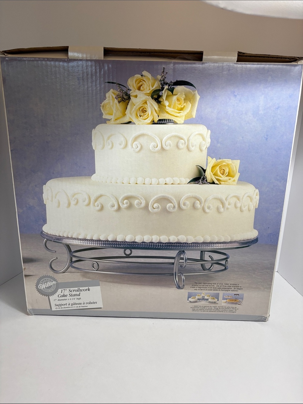 Wilton White Scrollwork Cake Stand with Silver Metal Base